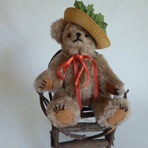 VINTAGE ECHOES OF THE PAST MOHAIR JOINTED TEDDY BEAR WICKER CHAIR